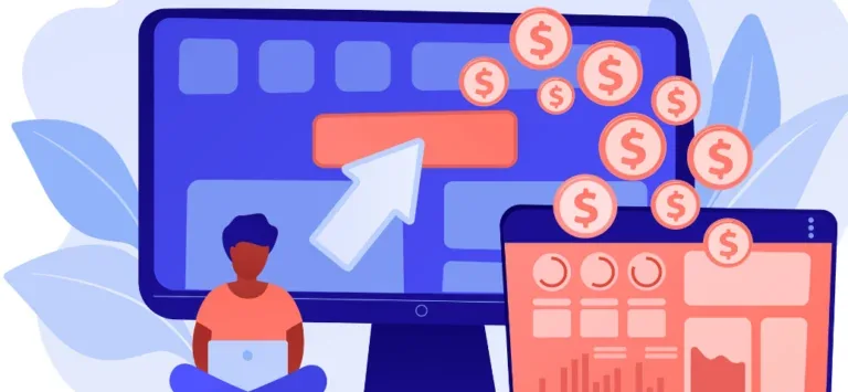 Ilustração de anúncios digitais e monetização na web: moedas, clique em ADS em uma tela de navegador e gráfico de ganhos.