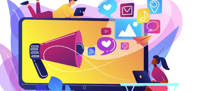 Ilustração de tela gigante com megafone e diversos ícones de redes sociais, simbolizando publicidade e engajamento digital.