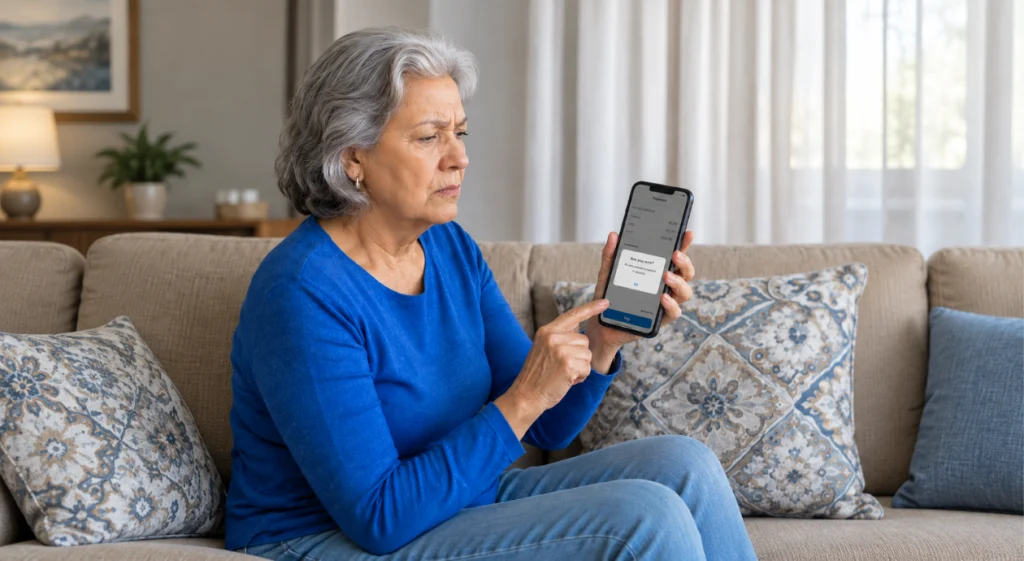 Mulher idosa com expressão de preocupação segurando um celular; a tela mostra uma mensagem de erro sem explicação